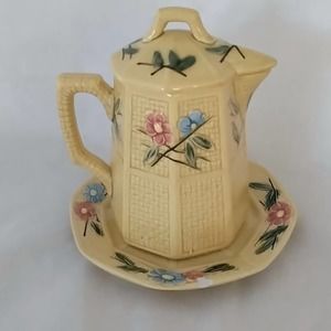 Antique Zell Majolica LDBC Creamer Pitcher Basketweave Floral Painted